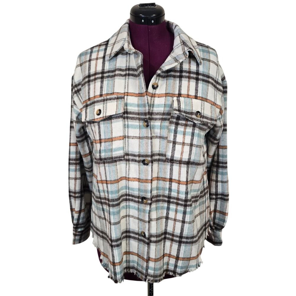 NEW NWT Women's Blue B Teal Plaid Flannel Shacket Jacket Fringe Trim | Small